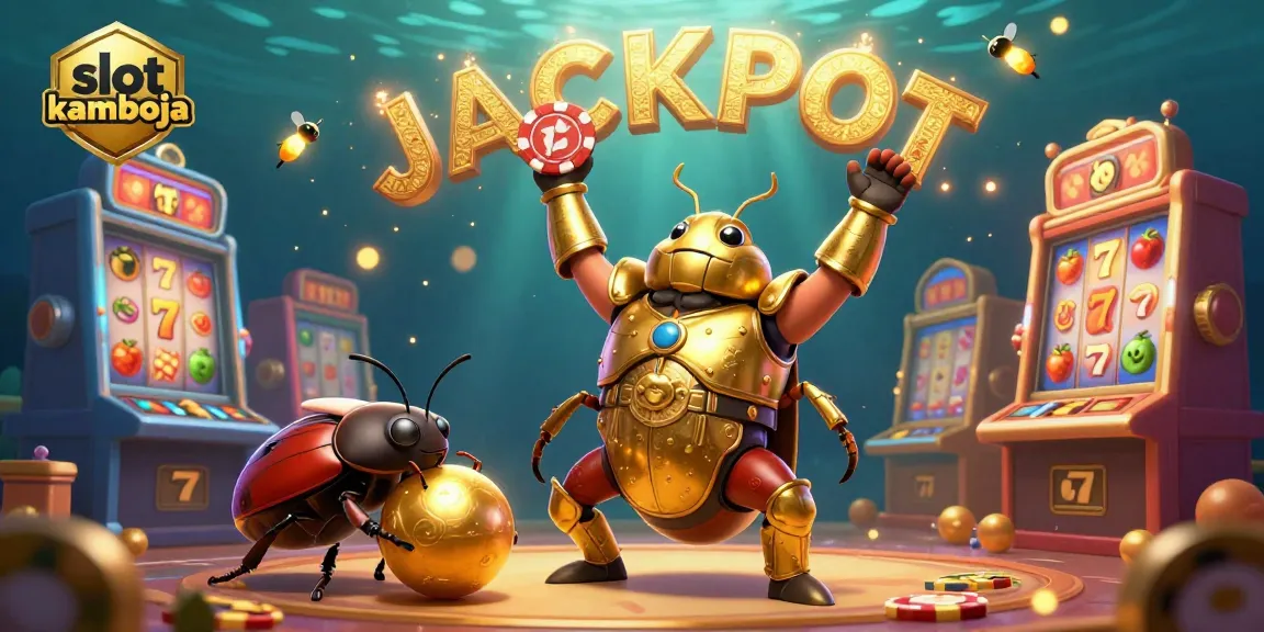 Memenangkan jackpot di slot kamboja dengan ilustrasi 3D menampilkan karakter lucu dan mesin slot.