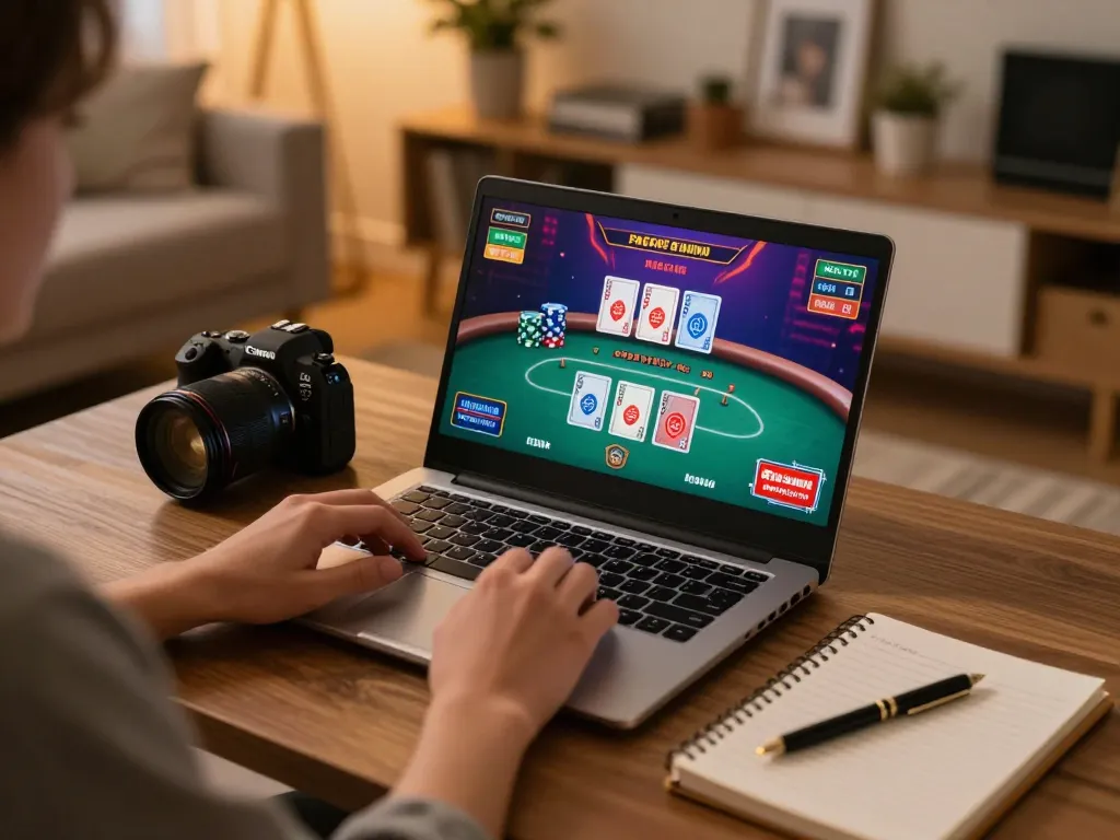 Nego77 player immersed in online gaming, showcasing a home setup with laptop and strategy notes.