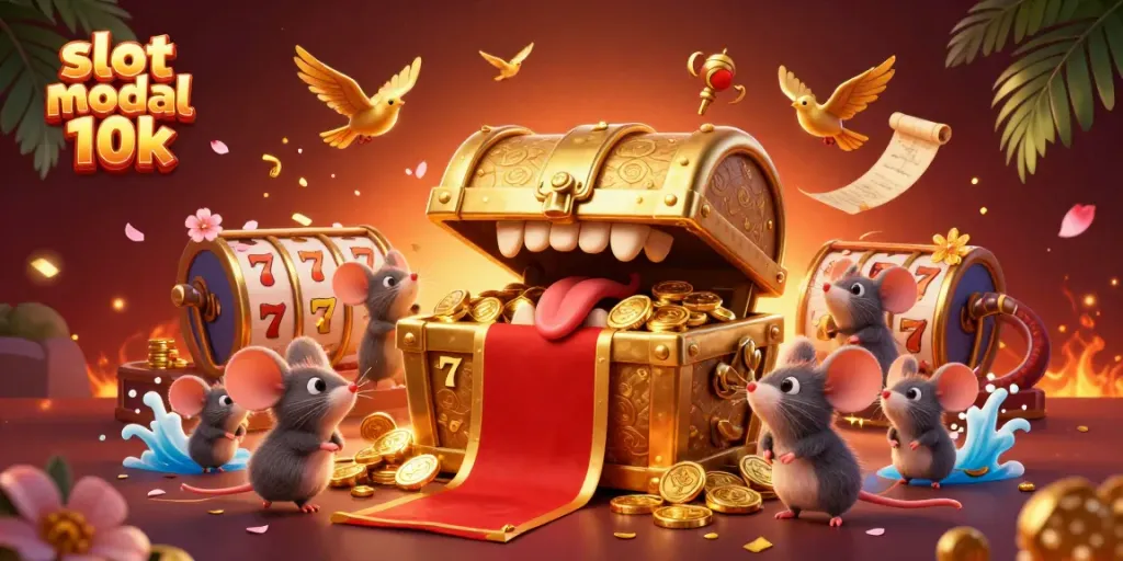 Permainan slot modal 10k penuh dengan peti harta berkilau dan simbol keberuntungan.