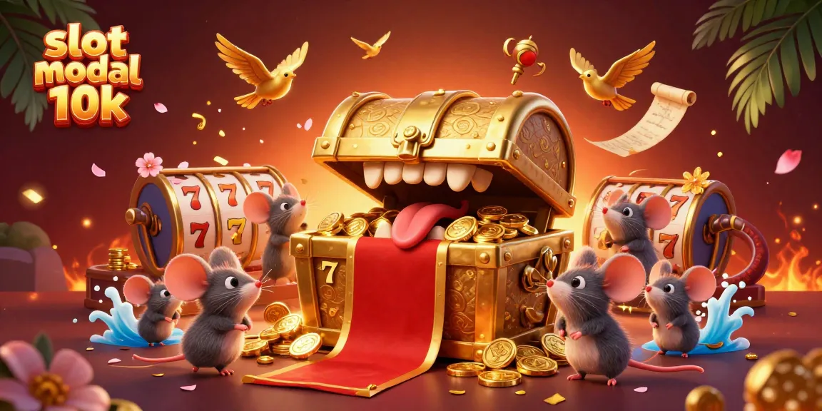 Permainan slot modal 10k penuh dengan peti harta berkilau dan simbol keberuntungan.