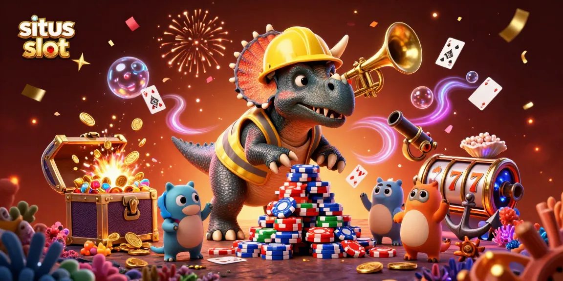Engage in situs slot excitement with vibrant 3D scene of triceratops and casino-themed elements.