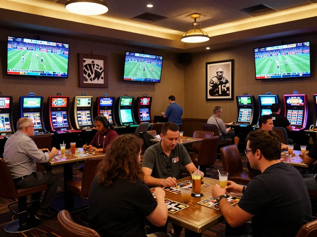 Fans engaging in keonhacai sports betting at a vibrant casino lounge