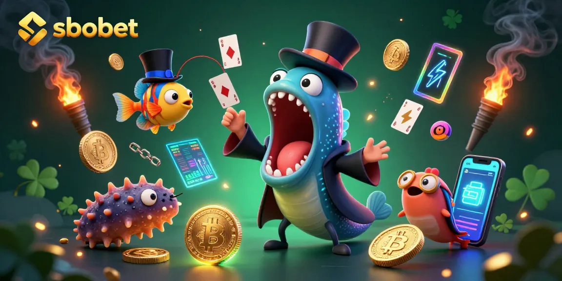 SBOBET showcases a surreal scene with deep-sea creatures performing magic tricks, highlighting thrilling betting experiences.