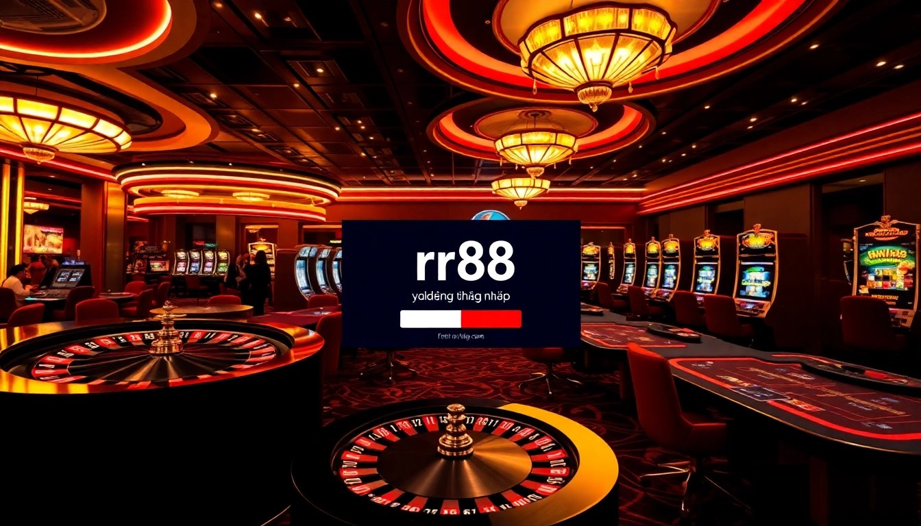 Experience the thrill of rr88 đăng nhập at a luxurious online casino with vibrant lighting and gaming action.