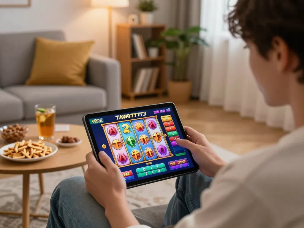 TAYA777 user enjoying an online slot game on a tablet, with cozy home setting.