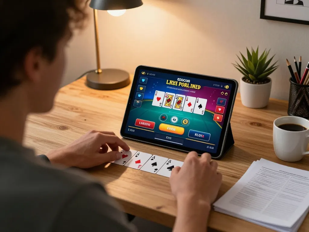 Engaging in an online blackjack game with LGOGOAL, featuring live dealer interaction and strategy notes in a cozy home setting