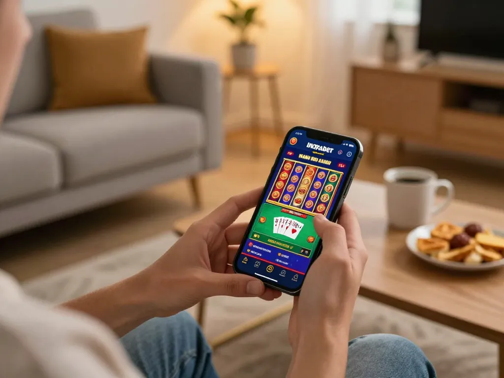 Engaging with the Indrabet mobile casino app for exciting online slots gameplay in a cozy setting.