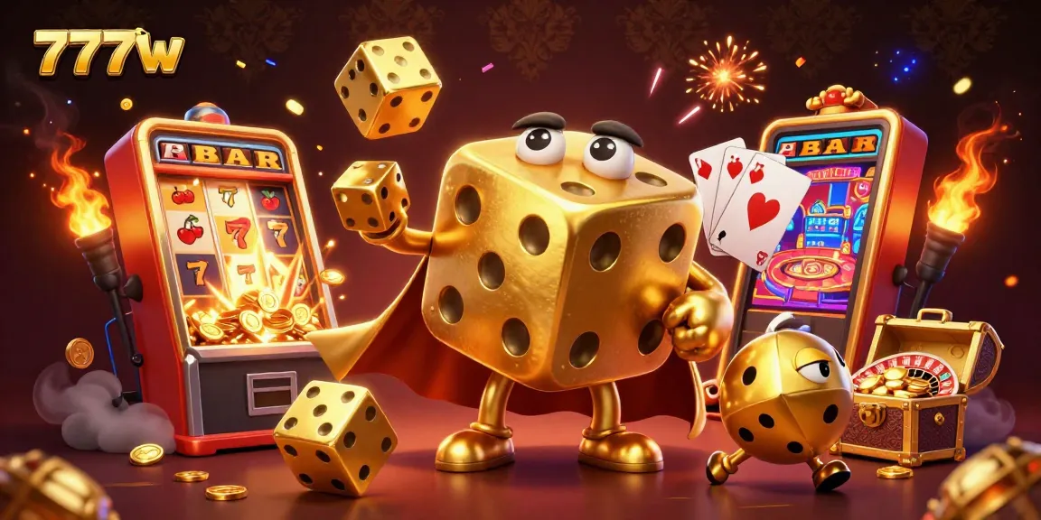 Experience the thrill of 7777w gaming with dynamic illustrations of golden dice and slot machines.