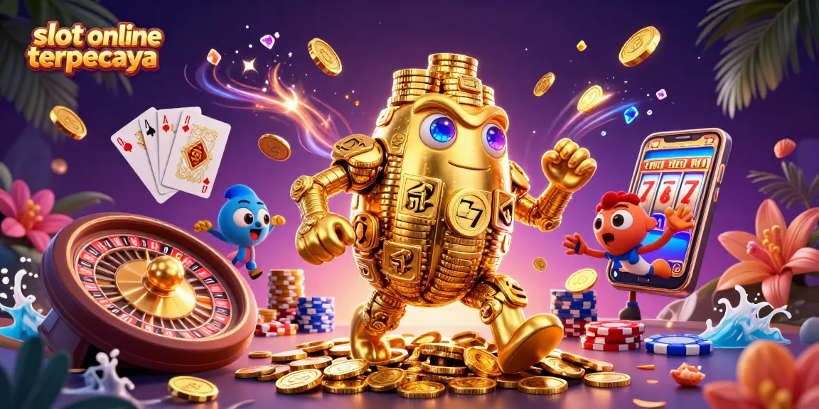 Mendeteksi peluang bermain slot online terpercaya dengan ilustrasi golem emas dan simbol mesin slot yang dinamis.