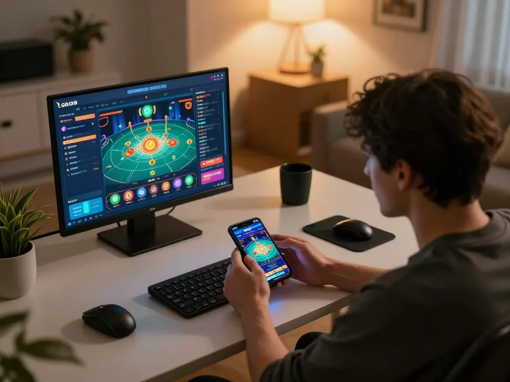 LGO99 gaming expert using a mobile app for strategic betting in a cozy home environment