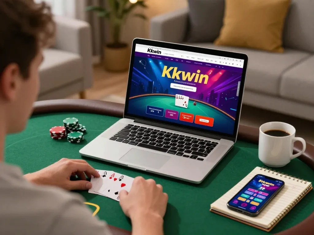 Kkwin online poker player using laptop in cozy home setting for strategic gameplay