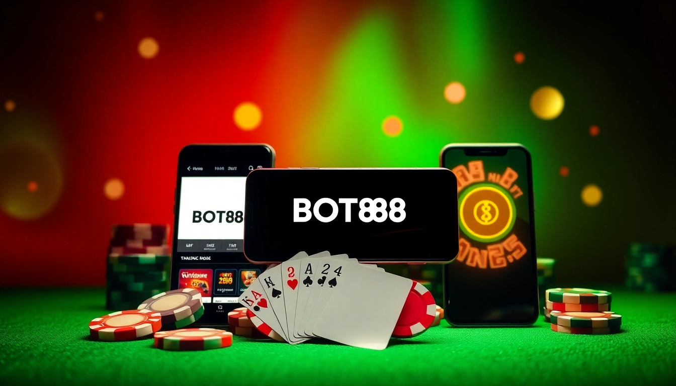 Nhã Cái BOT88 brand graphic featuring engaging online gambling elements like casino chips and mobile devices