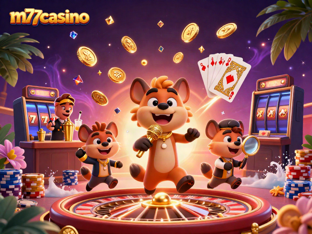 Permainan kasino lucu di m77casino dengan hyena yang bercanda dan emas berkilauan.