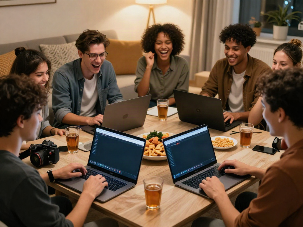 Friends engaging in online gaming with unsurtoto on screens, showcasing excitement and camaraderie.