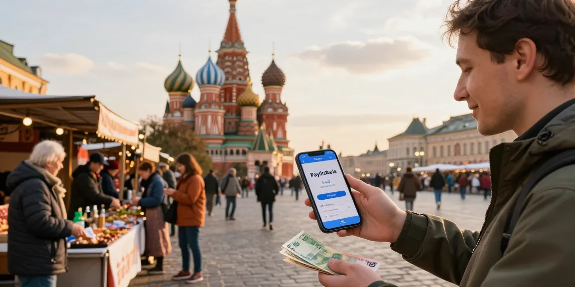 Pengalaman pembayaran mudah di Rusia menggunakan aplikasi PayInRussia, dikelilingi arsitektur ikonik dan suasana pasar lokal.
