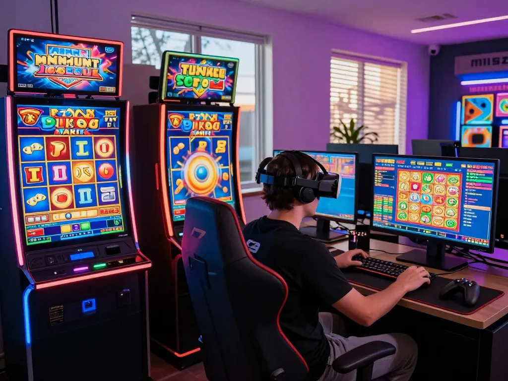 Exciting online gaming scene with player enjoying slot machines in a vibrant virtual environment.