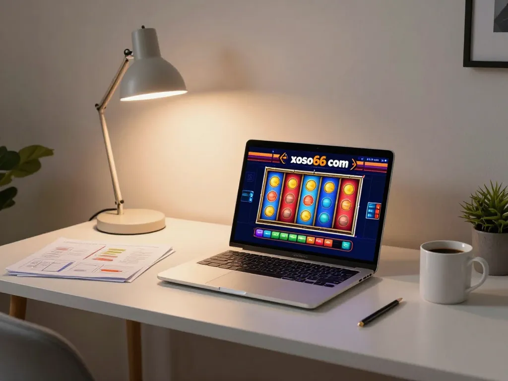 Engaging user in online slots at xoso66 com, showcasing colorful reels and strategies laid out.