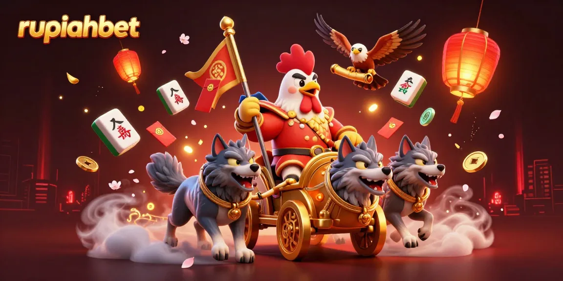 Experience the thrill of rupiahbet with a dynamic rooster warlord and golden gaming symbols in an illustrated casino adventure.