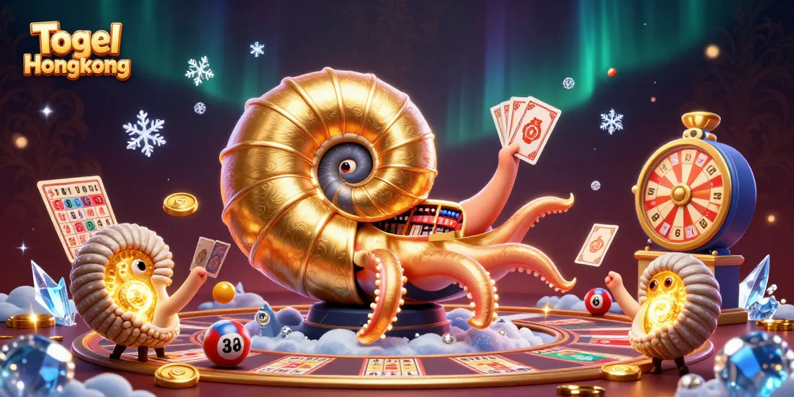 Togel Hongkong lottery scene with a giant nautilus roulette and glowing ammonite companions, enriching the gambling experience.