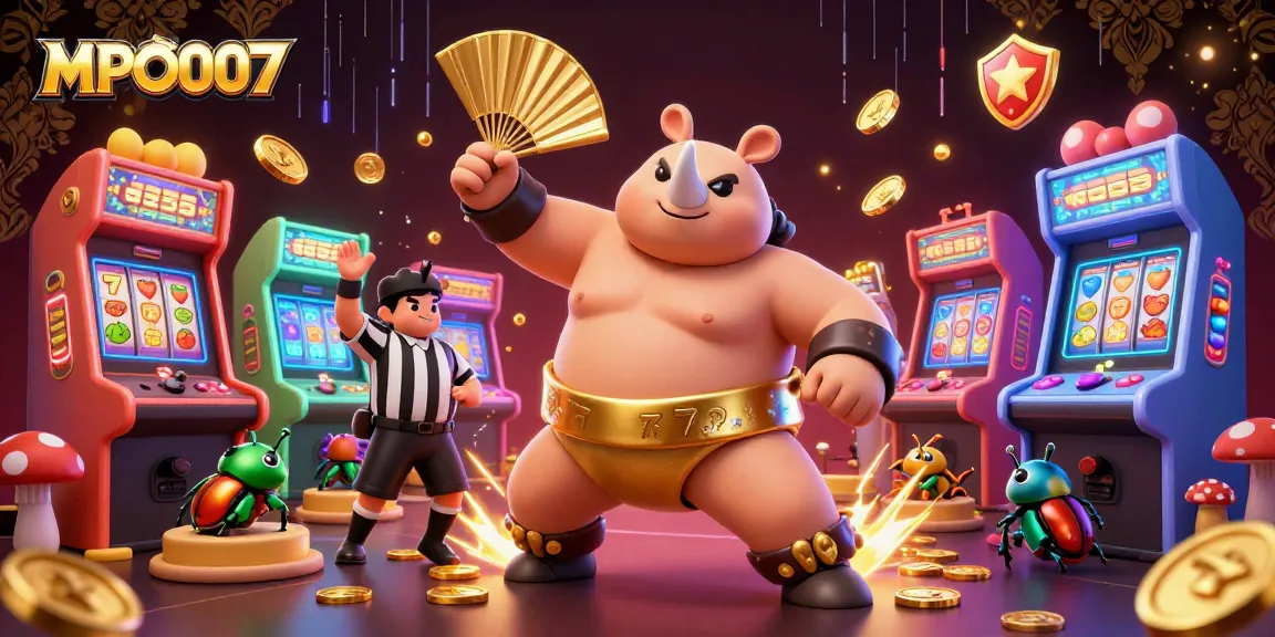 MPO007 engages players with vibrant slot machines in a lively casino atmosphere, showcasing a dynamic beetle sumo champ.