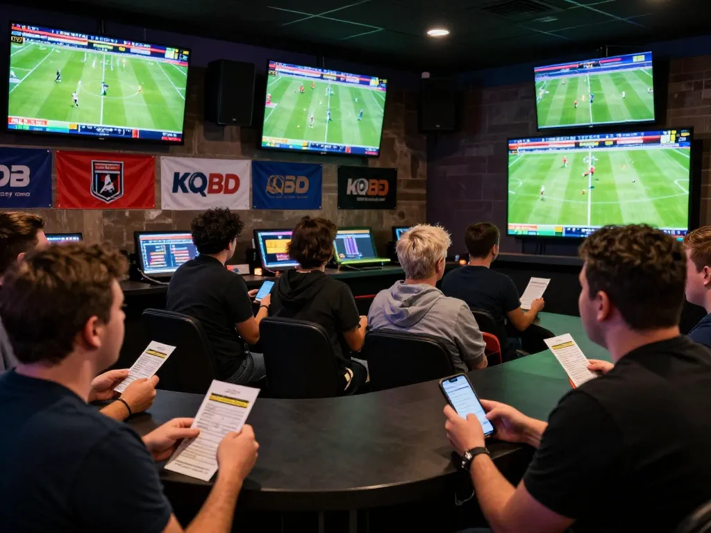 KQBD sports betting enthusiasts cheering for live games with betting slips.