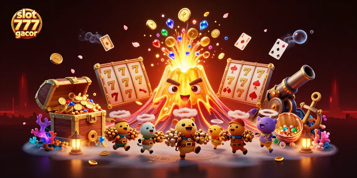 Slot 777 gacor reveals treasure with a golden volcano and vibrant casino elements in this dynamic scene.