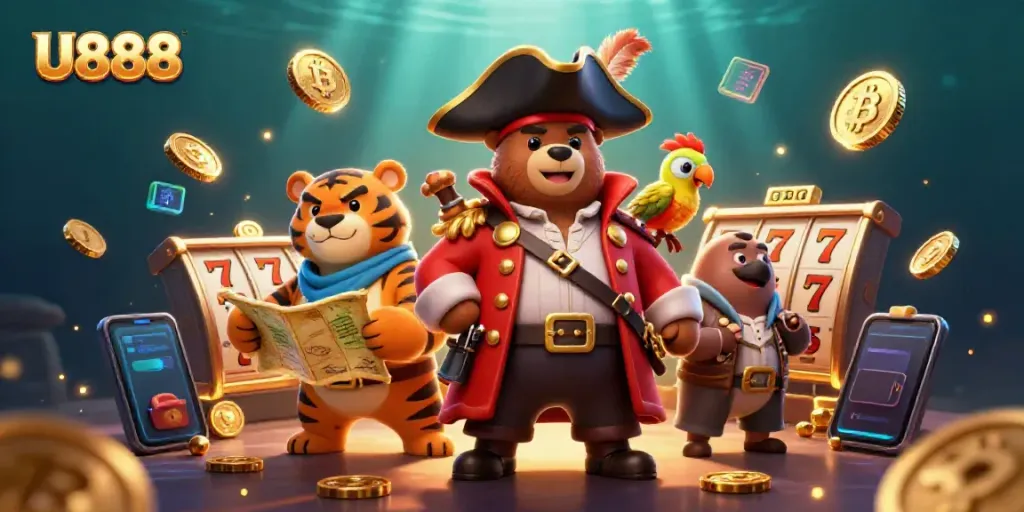 Engage with U888's dynamic gaming elements, featuring a pirate captain bear, tiger, and golden parrot.