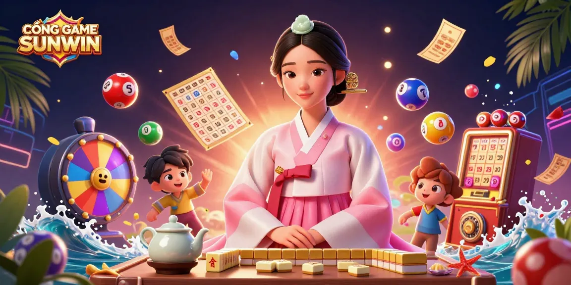 CỔNG GAME SUNWIN offers thrilling gaming experiences with vibrant colorful elements and a serene Asian woman in traditional attire.