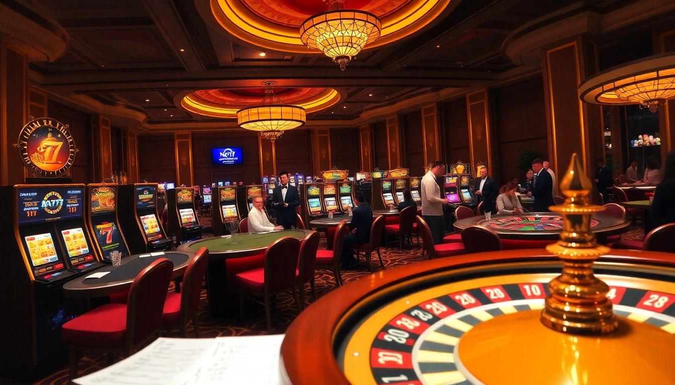 Experience thrilling gameplay at NA777 with casino tables, dealers, and vibrant slot machines.