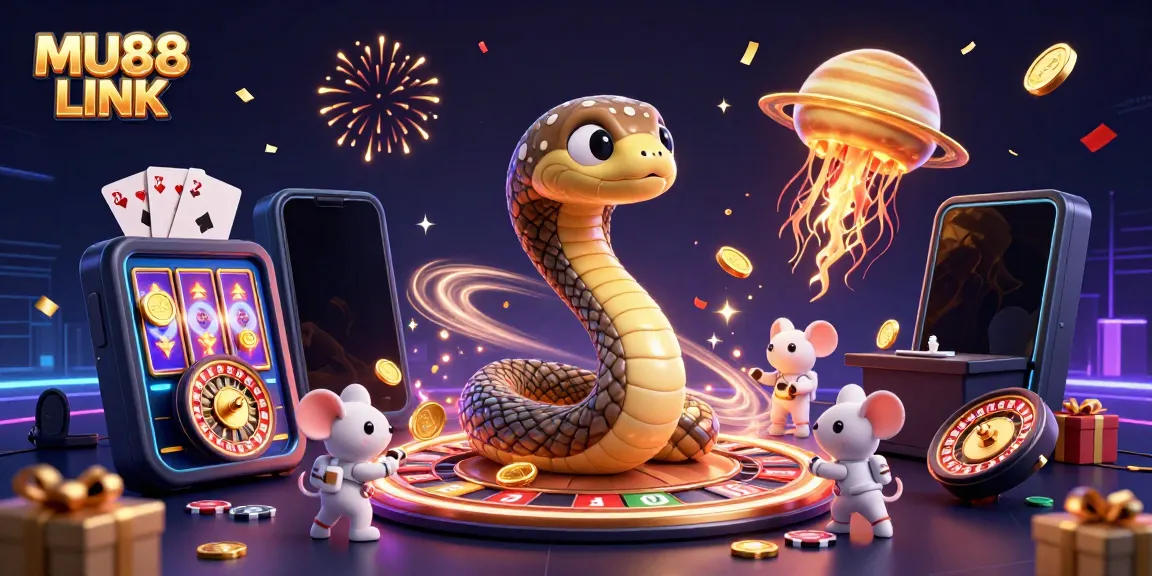Engage with the MU88 LINK casino experience, featuring a snake roulette wheel and cosmic dealer.
