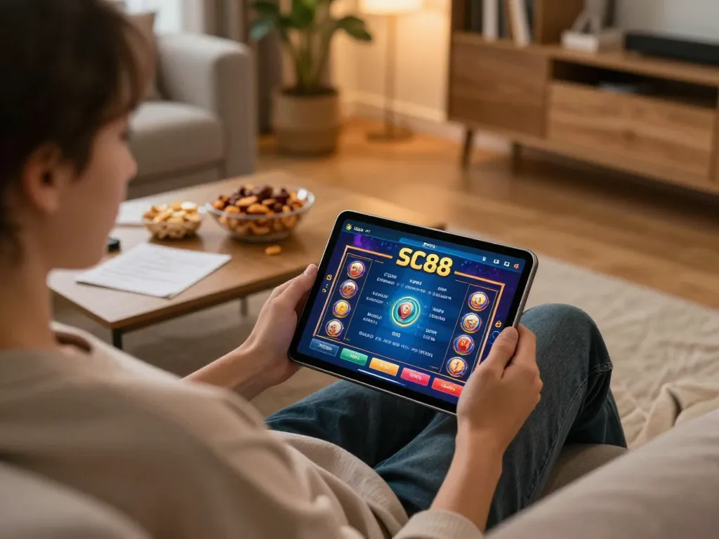 Engaging in online gambling on Trang Chủ SC88 with a tablet in a cozy home setting.