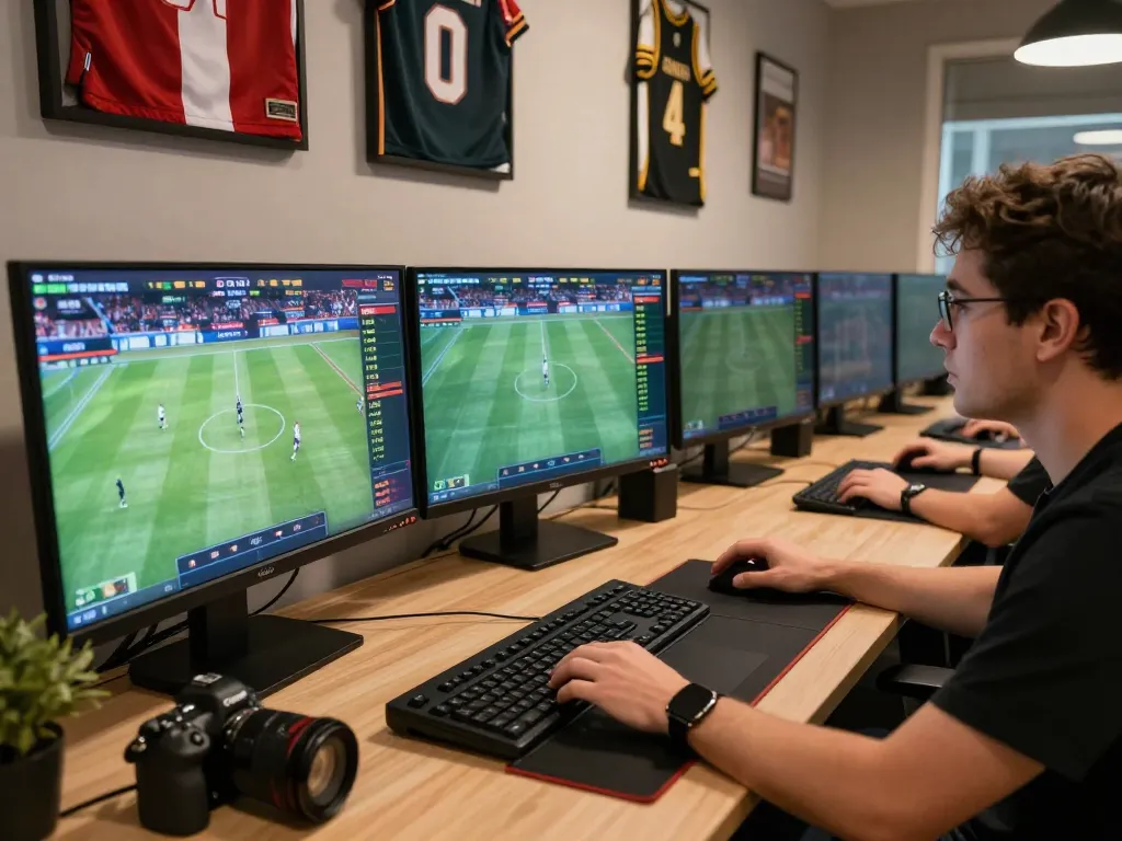 VSBET online sports betting setup with multiple screens showcasing live games and betting odds.