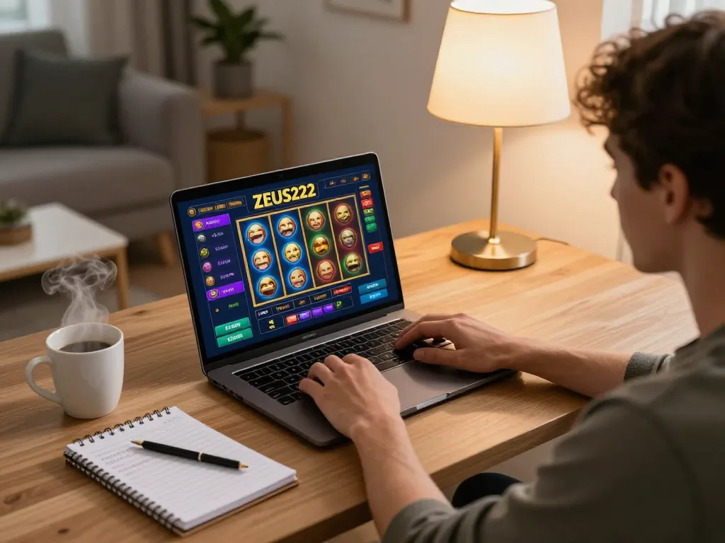 ZEUS222 gameplay on laptop with bright slots interface showing betting options.