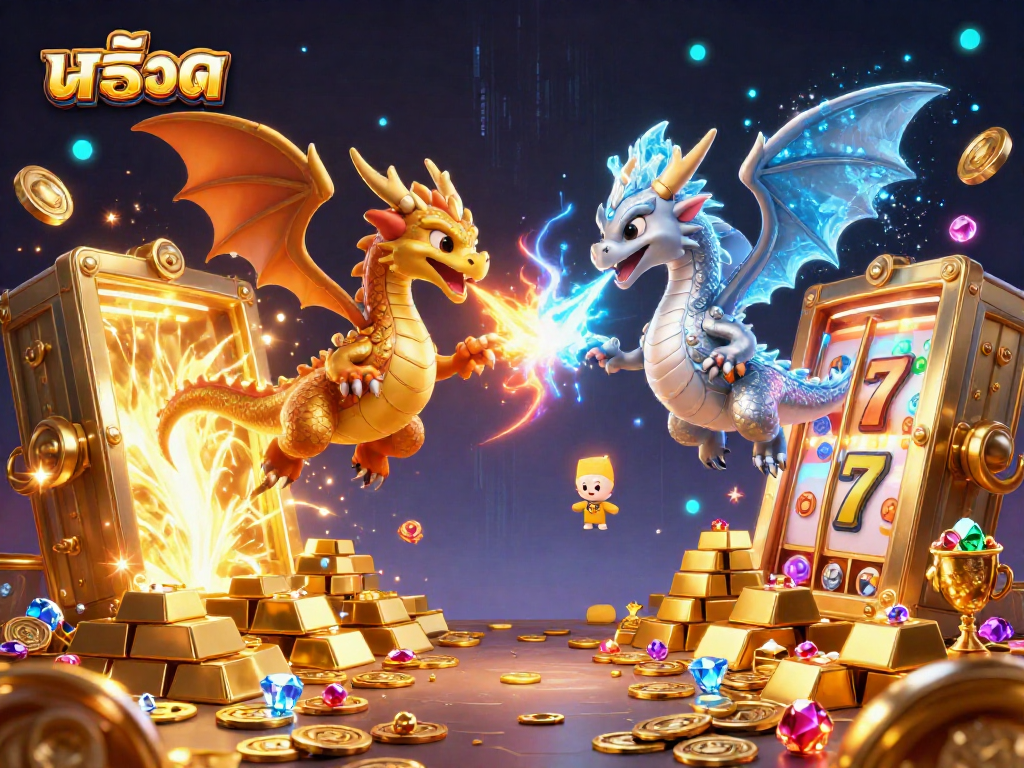 Experience exciting สล็อต gameplay with stunning dragons and treasure elements illustrating a casino scene.