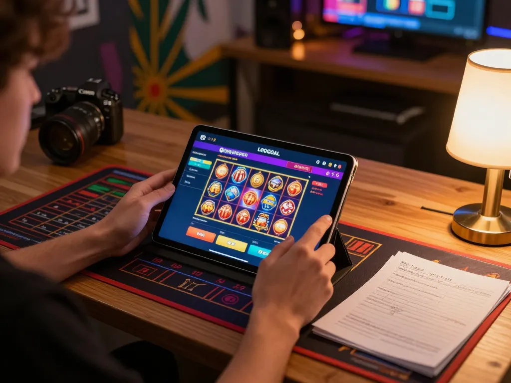 Engaging with LGOGOAL online casino on tablet, showcasing vibrant gameplay and strategic notes.