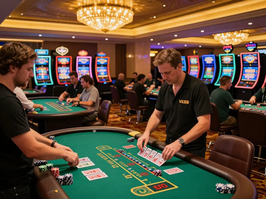 Vic88 players enjoying exciting blackjack game with vibrant atmosphere on casino floor