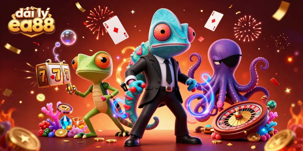 Engaging gambling scene showcasing đại lý ea88 with colorful card effects and cartoon characters in action.