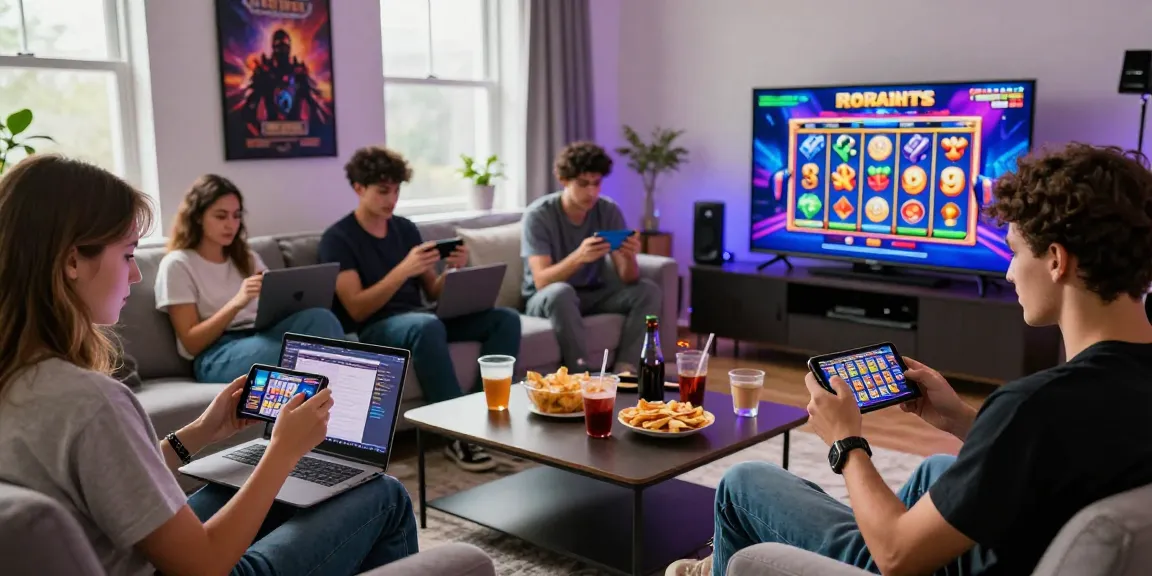 Group of friends enjoying slot jackpot games in a vibrant living room.