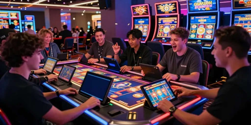 Players enjoying slot gacor games in a modern casino atmosphere filled with excitement and digital interaction.