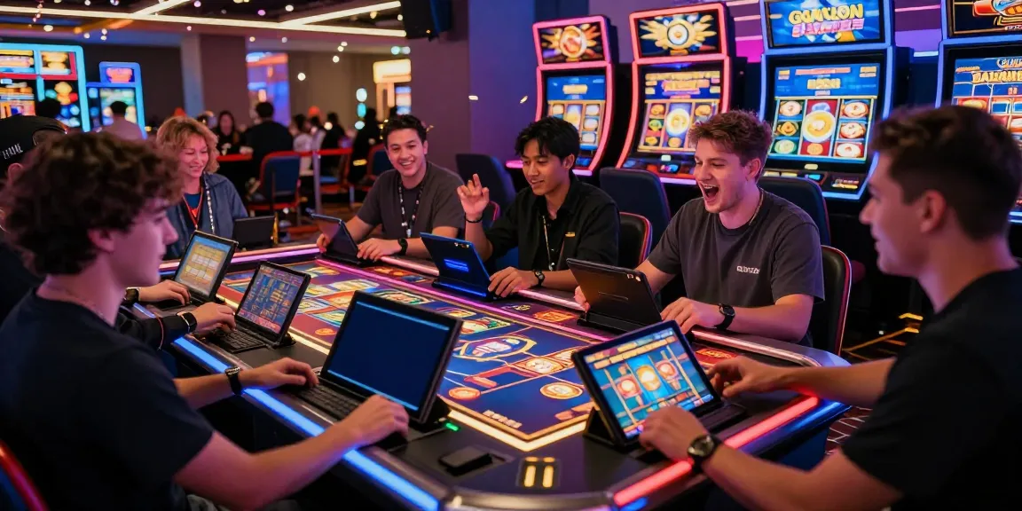 Players enjoying slot gacor games in a modern casino atmosphere filled with excitement and digital interaction.