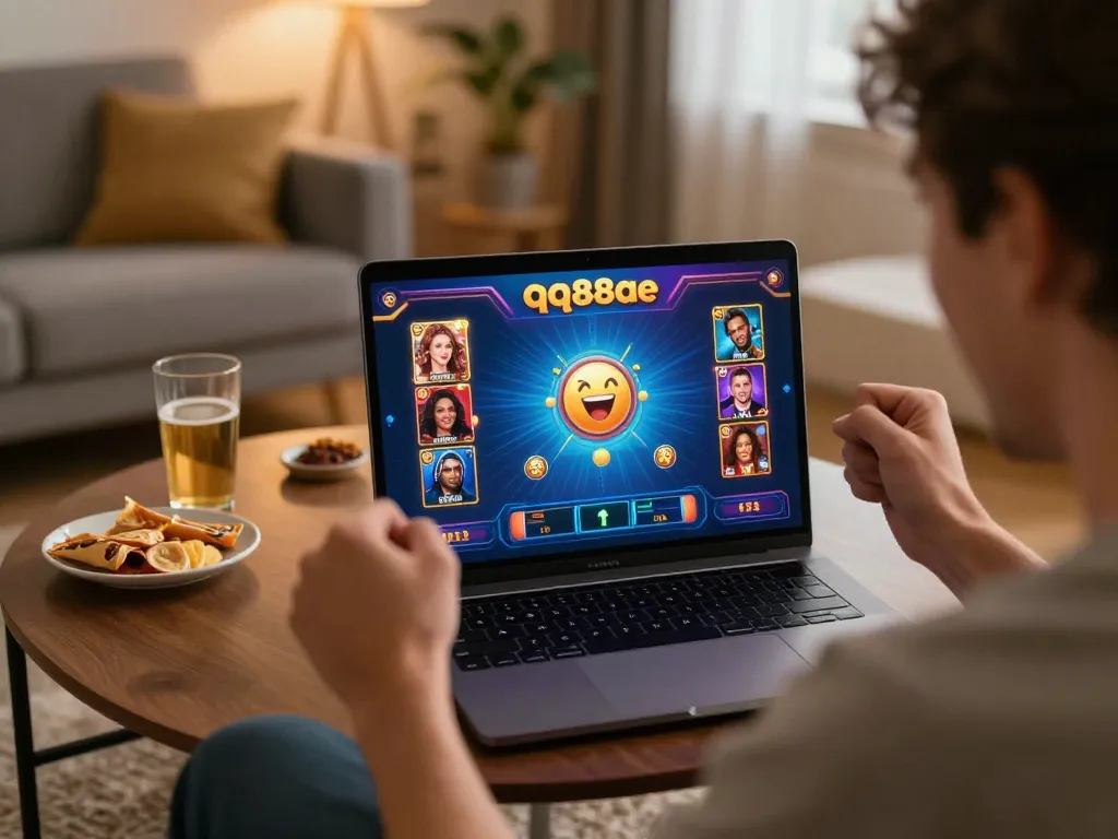A player wins at qq88ae online casino, celebrating with excitement in a cozy home setting.