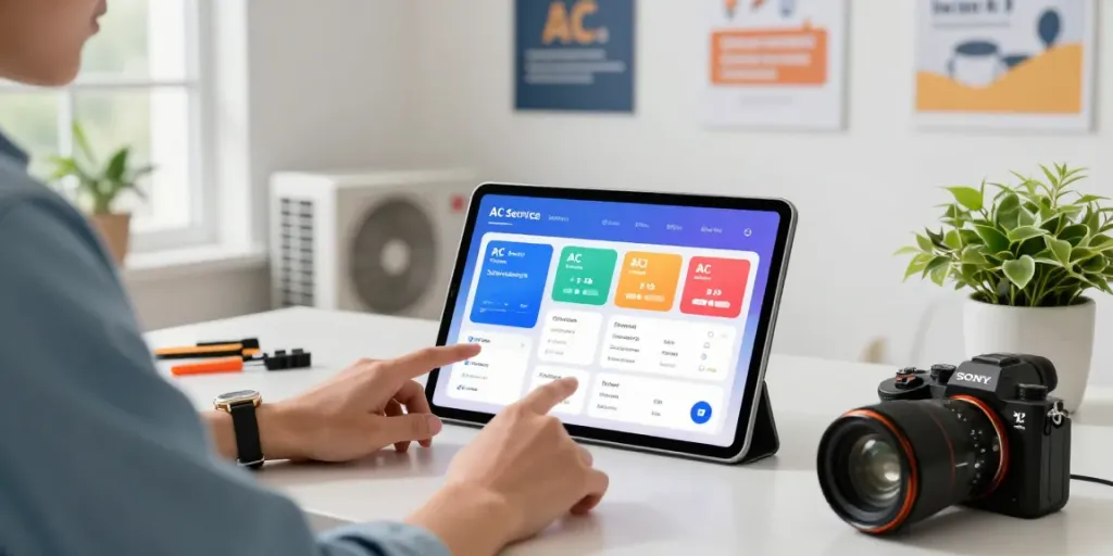 Pengguna dewitogel mengakses layanan AC di tablet dengan tampilan antarmuka yang modern dan ramah pengguna.