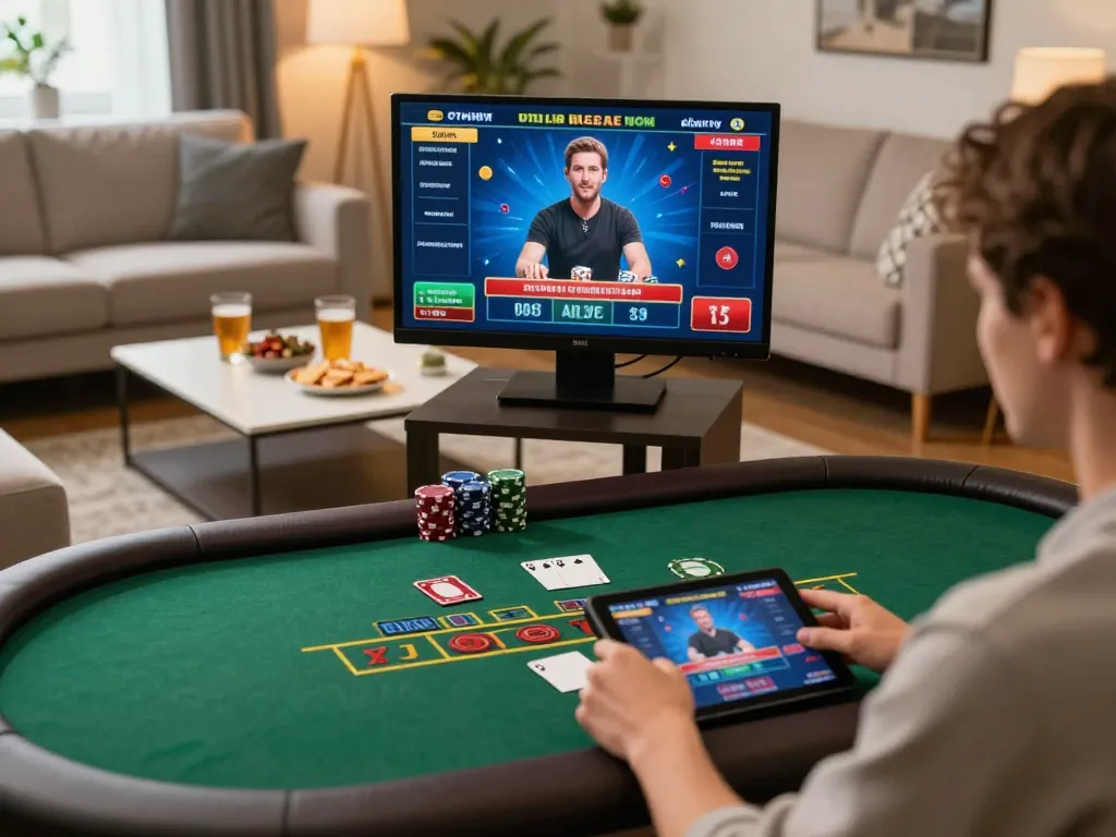 Engaging live dealer blackjack session on jangkar55 with cozy home atmosphere and inviting decor.