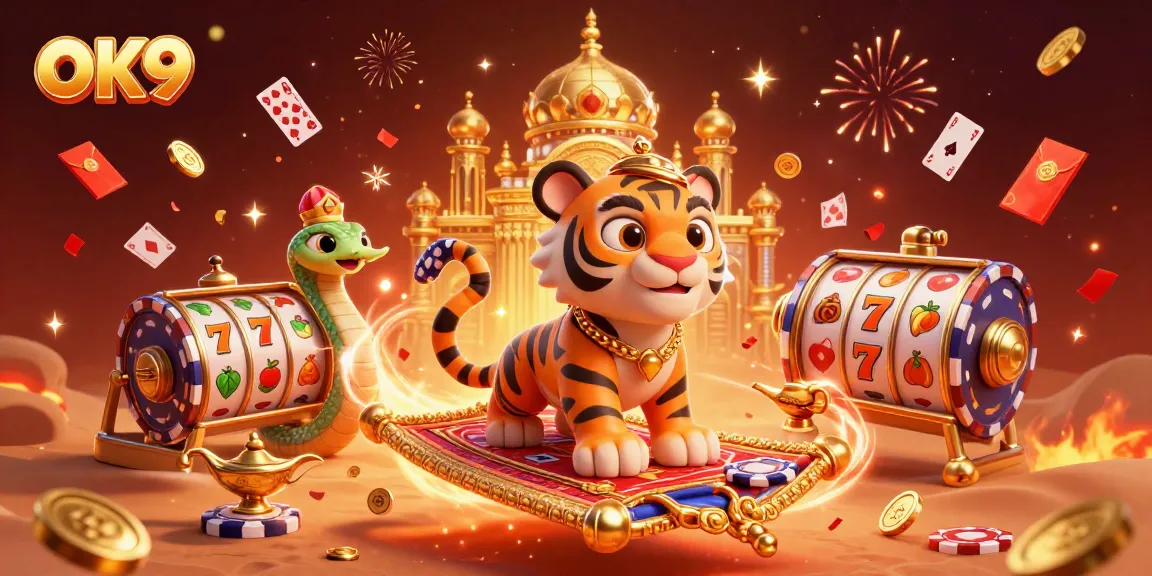 Experience thrilling gameplay at OK9 with vibrant slot reels and 3D animated characters.