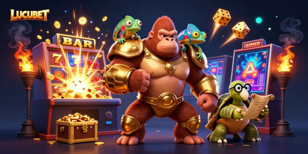 LUCUBET showcases an epic scene of a gorilla king, chameleon, and tortoise with vibrant casino game elements.