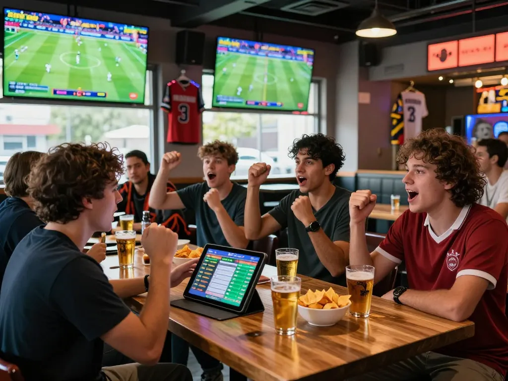 Friends engaged in kèo nhà cái betting activity at a football match in a lively bar.