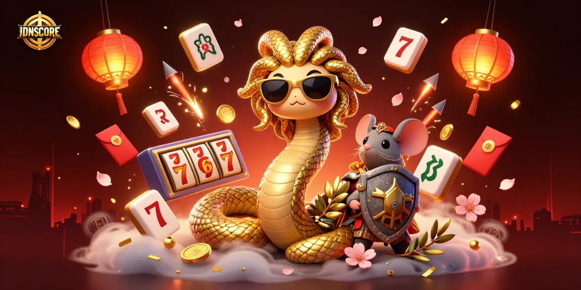 IDNSCORE brings excitement with Medusa and a warrior mouse among slot reels and festive elements.