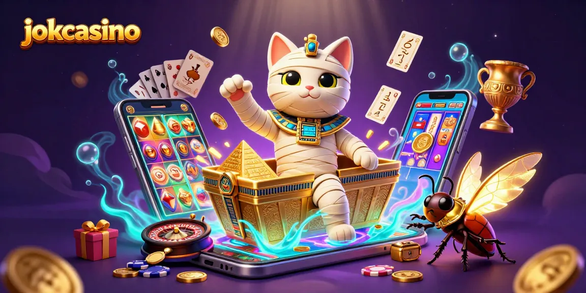 Play exciting craps at jokacasino with a cartoon mummy cat and glowing scarab.