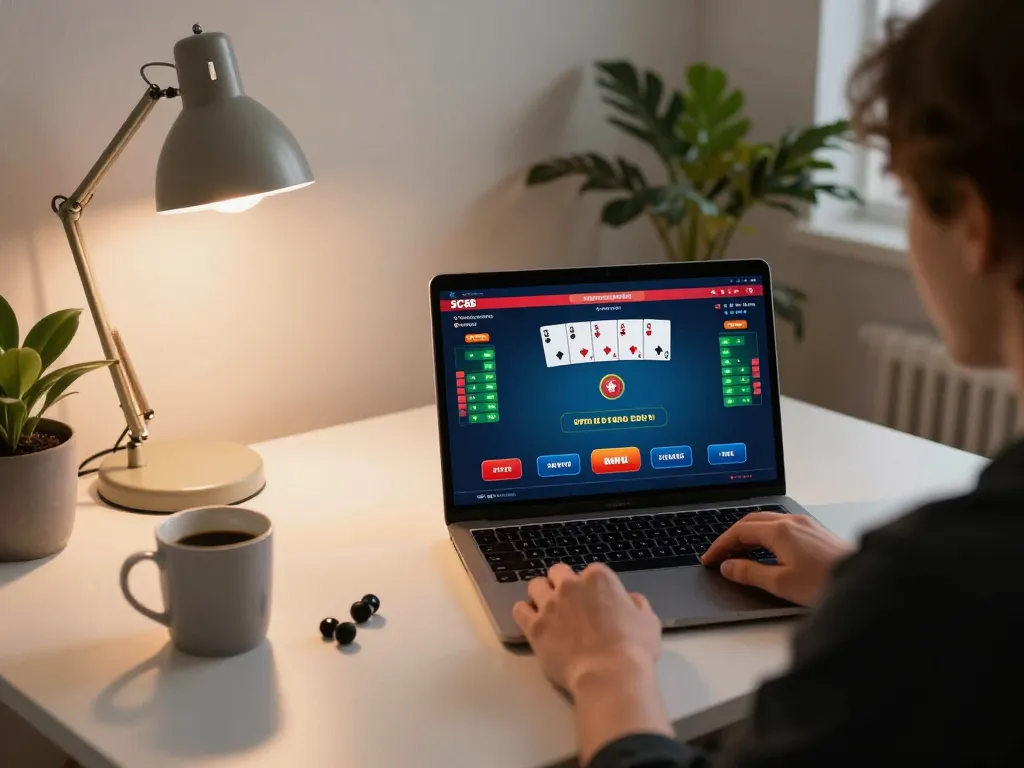 Engaging in a SC88 online poker game with laptop and betting options while enjoying home comfort
