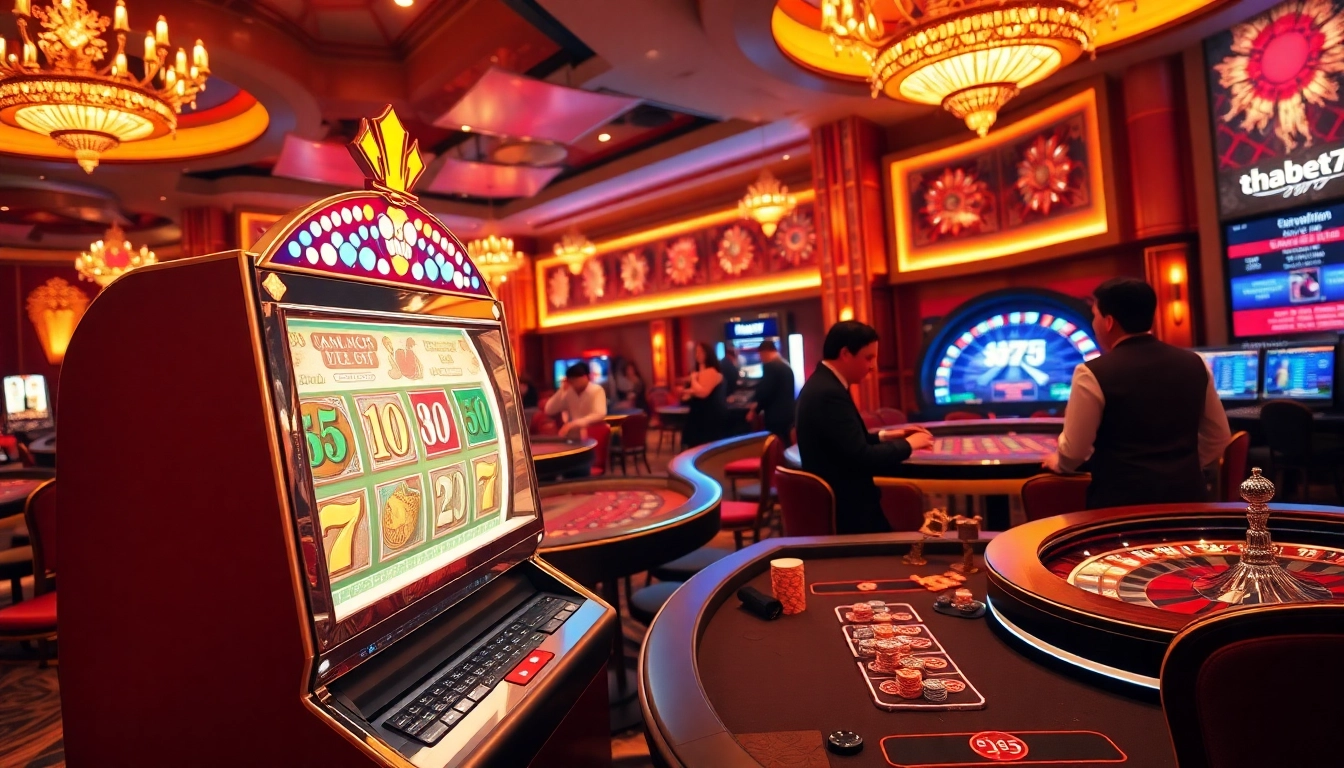 Players engaging with thabet777 casino games at vibrant slot machines and poker tables.